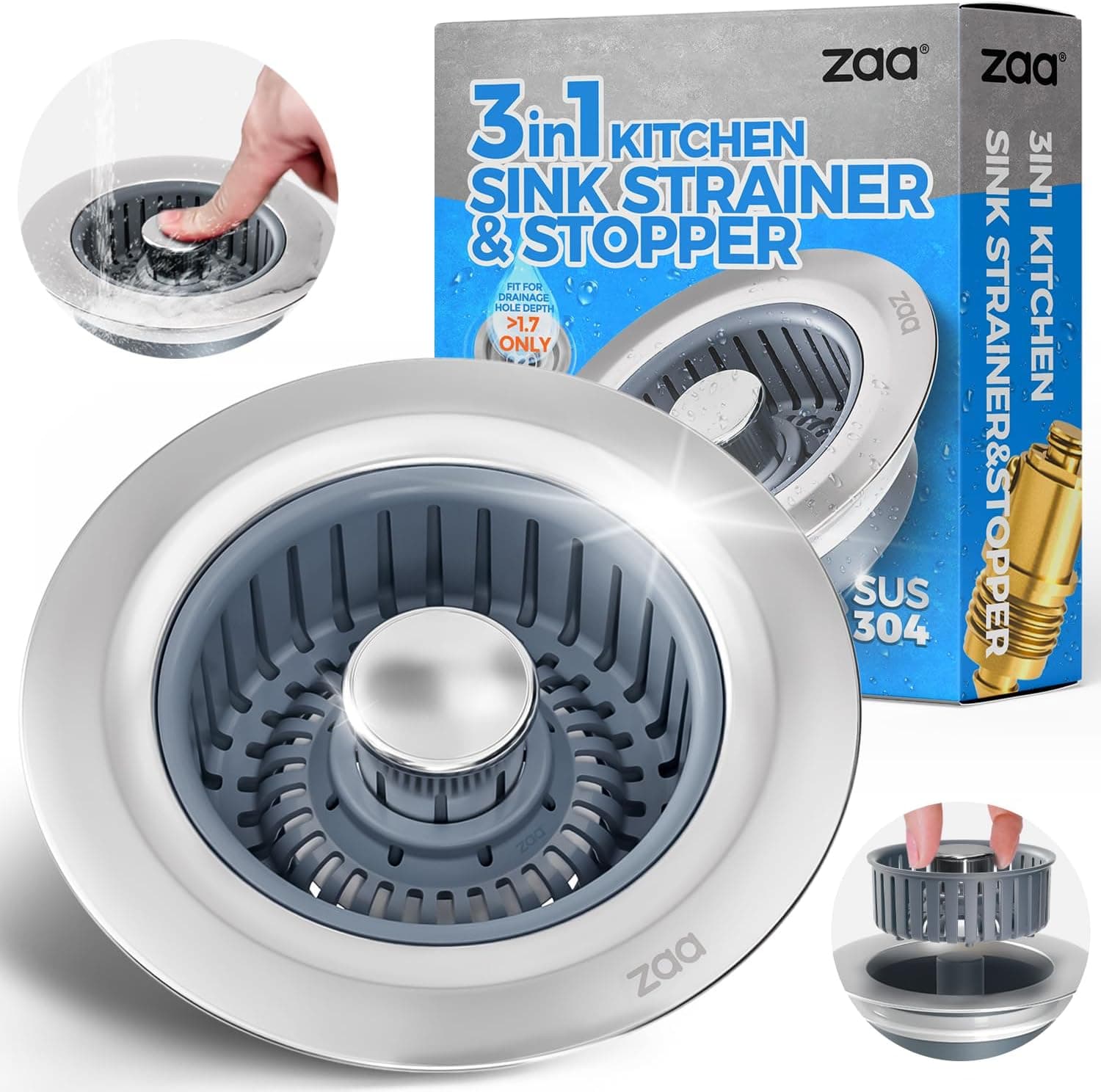 Sink Drain Strainer 3-in-1 with Anti-Clogging Basket